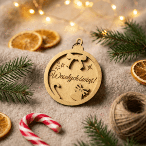 Złota drewniana bombka z grawerem „Wesołych świąt!”